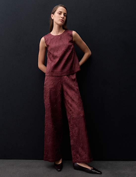 Satin Textured High Waisted Wide Leg Trousers