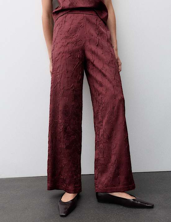 Satin Textured High Waisted Wide Leg Trousers