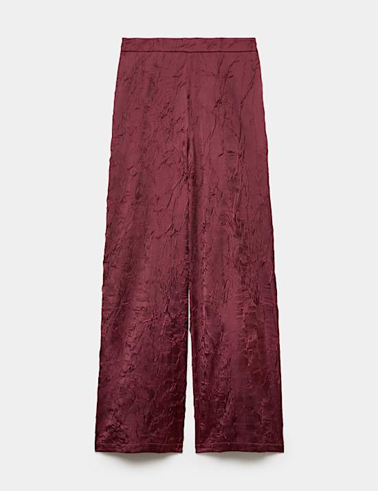 Satin Textured High Waisted Wide Leg Trousers
