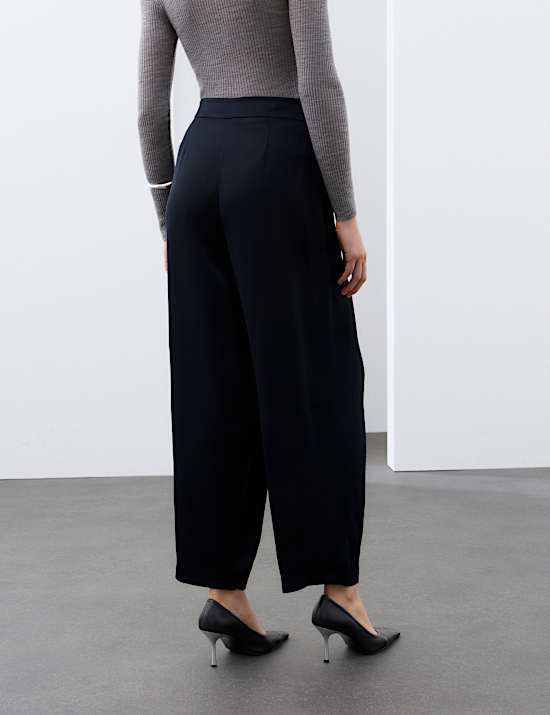 Satin Pleat Front Barrel Leg Cropped Trousers