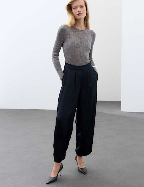 Satin Pleat Front Barrel Leg Cropped Trousers