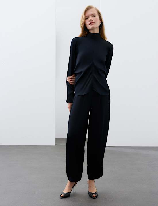 Satin Pleat Front Barrel Leg Cropped Trousers