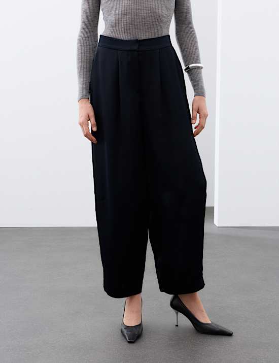 Satin Pleat Front Barrel Leg Cropped Trousers
