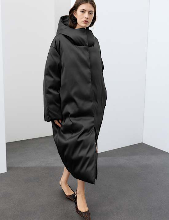 Feather & Down Satin Relaxed Hooded Maxi Puffer Coat