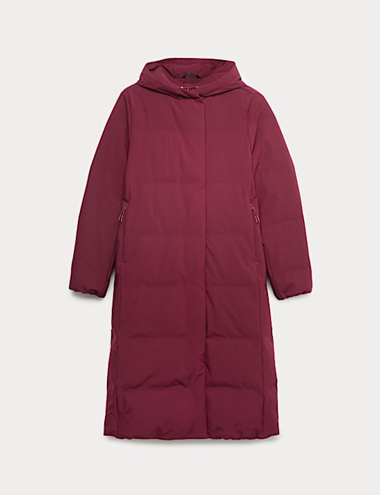 Lange gewatteerde jas met capuchon, Stormwear™, veren en dons