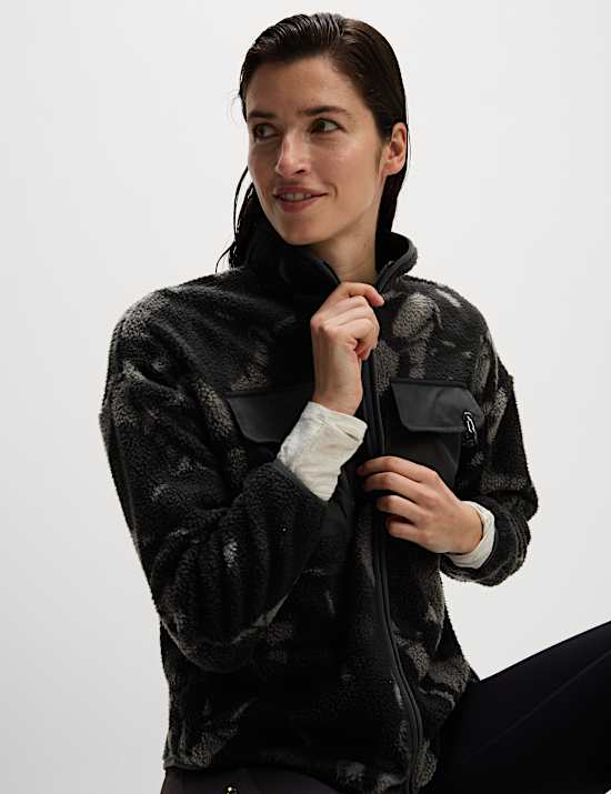 Fleece jack met print, borgvoering, opstaande kraag en rits