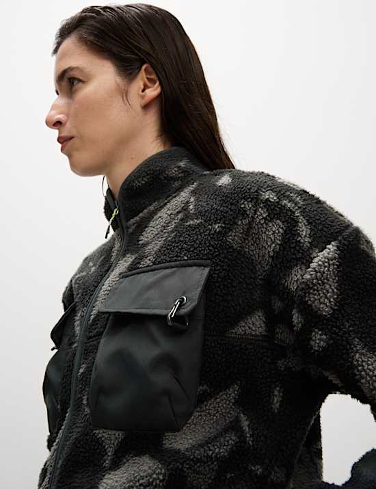 Fleece jack met print, borgvoering, opstaande kraag en rits