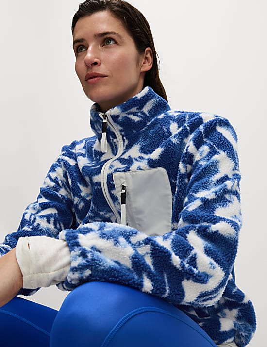 Borg Printed Funnel Neck Zip Up Fleece Jacket