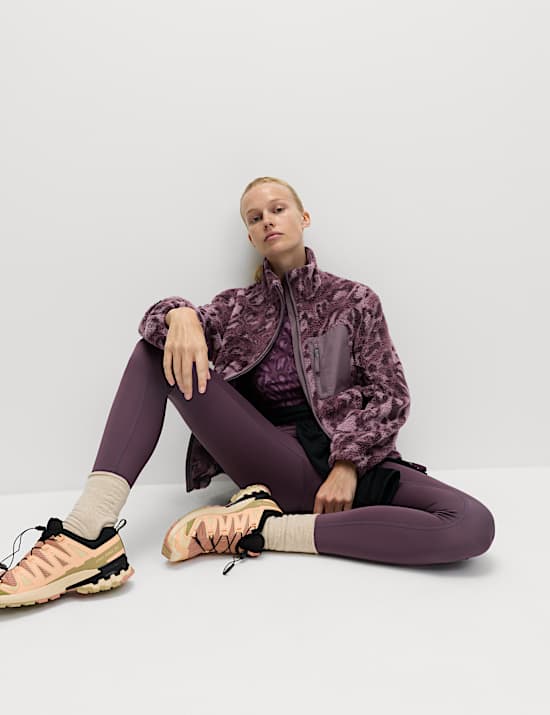 ז'קט פליז דמוי צמר עם רוכסן, צווארון נשפך והדפס