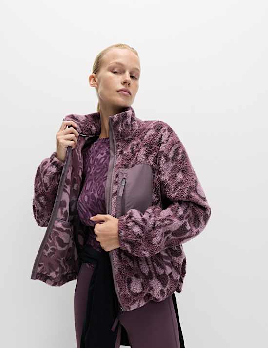 ז'קט פליז דמוי צמר עם רוכסן, צווארון נשפך והדפס