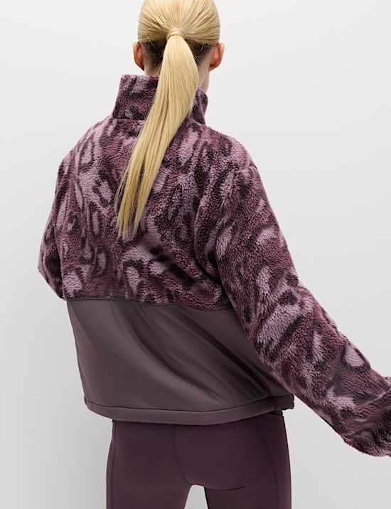 ז'קט פליז דמוי צמר עם רוכסן, צווארון נשפך והדפס