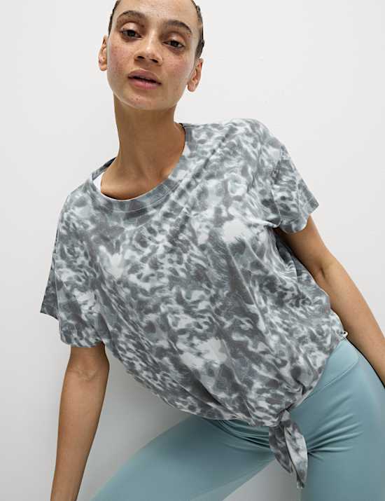 Cotton Blend Printed Tie Front Crop T-Shirt