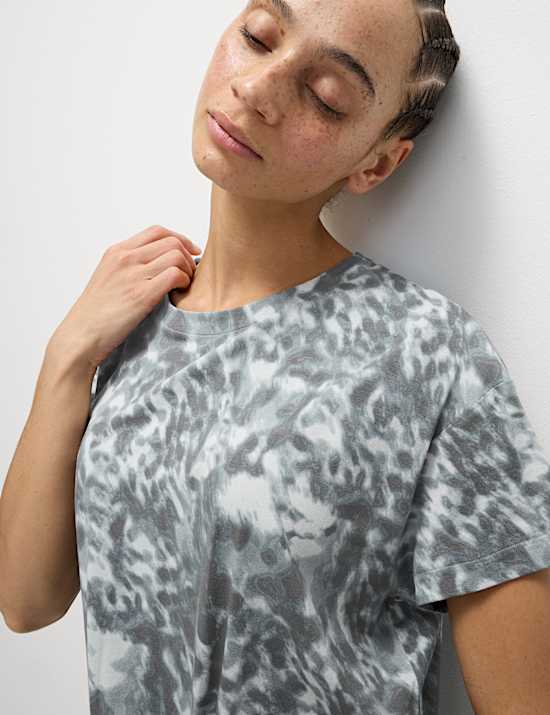 Cotton Blend Printed Tie Front Crop T-Shirt