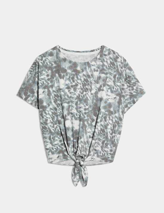 Cotton Blend Printed Tie Front Crop T-Shirt
