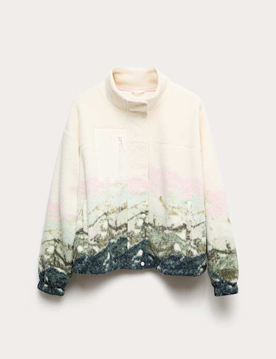 ז'קט פליז דמוי צמר עם צווארון נשפך והדפס