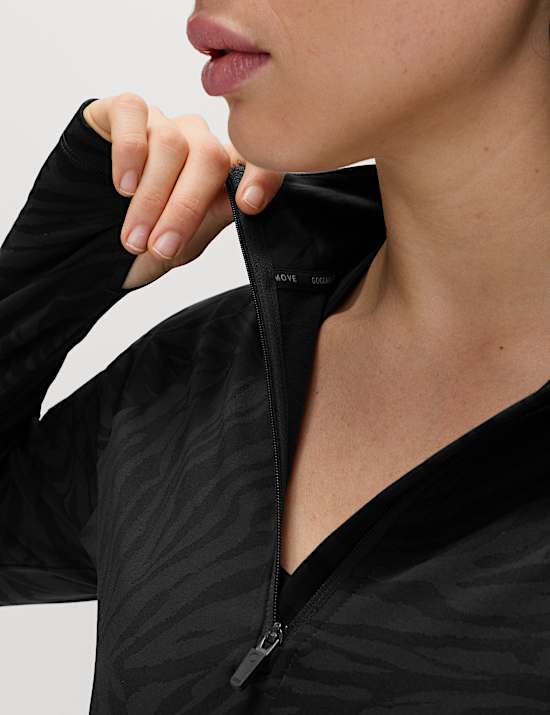 Thermal Jacquard Animal Print Half Zip Fitted Top