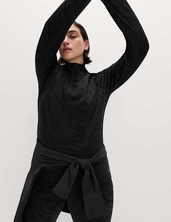 Thermal Jacquard Animal Print Half Zip Fitted Top