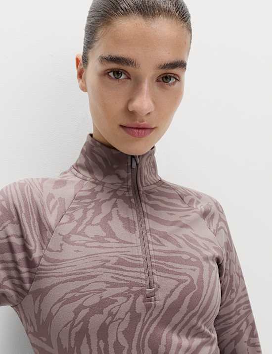 Thermal Jacquard Animal Print Half Zip Fitted Top