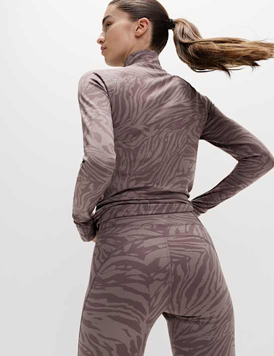 Thermal Jacquard Animal Print Half Zip Fitted Top