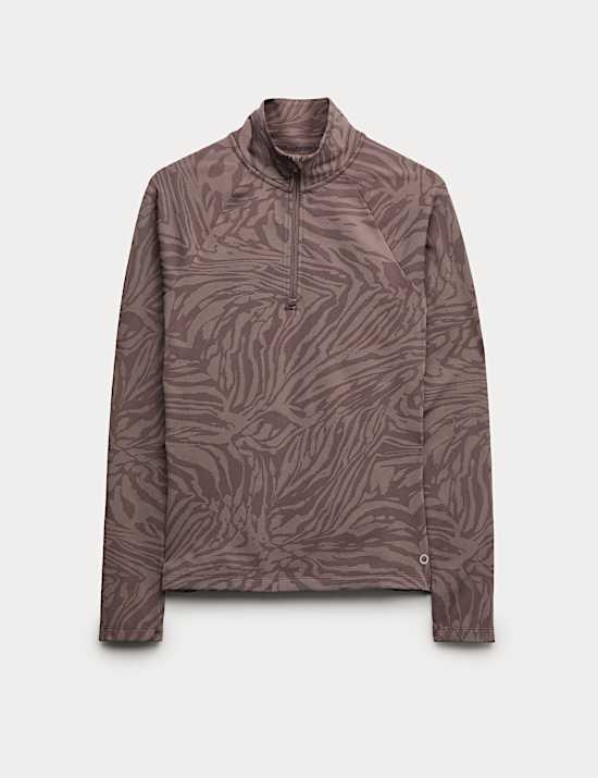 Thermal Jacquard Animal Print Half Zip Fitted Top
