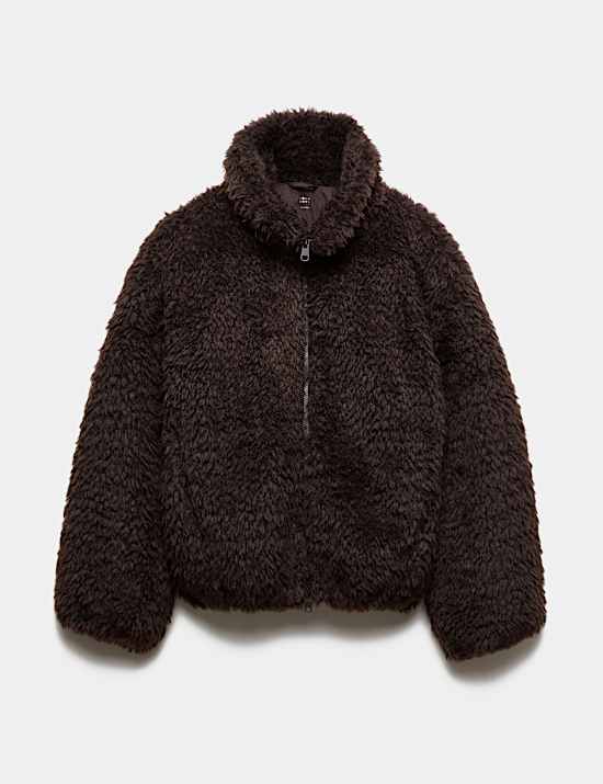 Borg Half Zip Textured Funnel Neck Fleece Jacket