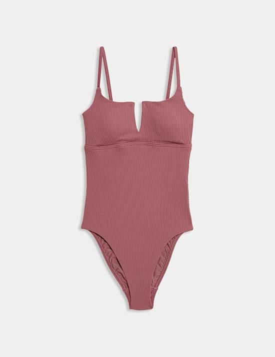 Maillot de bain côtelé à décolleté en V, effet ventre plat 360