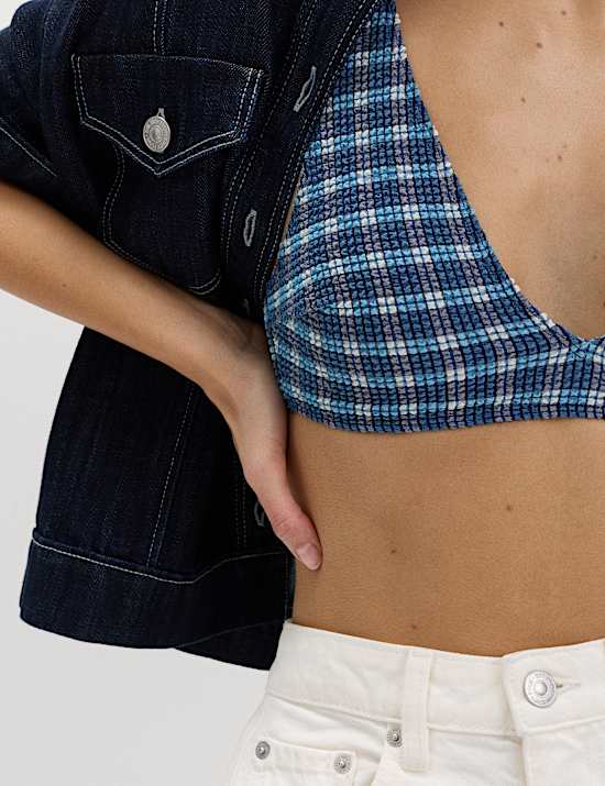 Textured Checked Padded Scoop Neck Bikini Top
