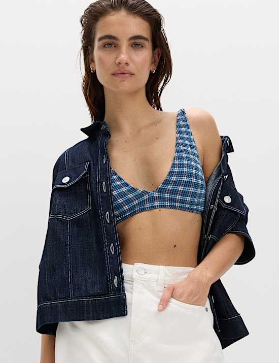 Textured Checked Padded Scoop Neck Bikini Top