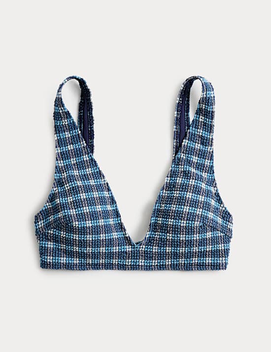 Textured Checked Padded Scoop Neck Bikini Top