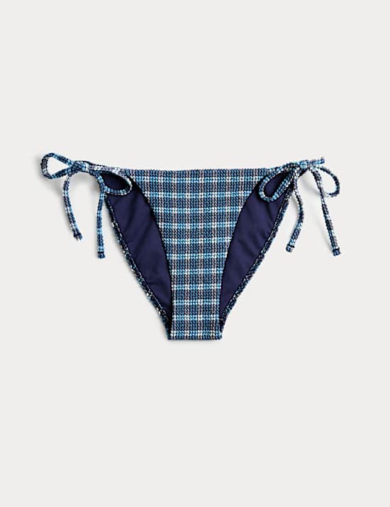 Textured Checked Tie Side Bikini Bottoms
