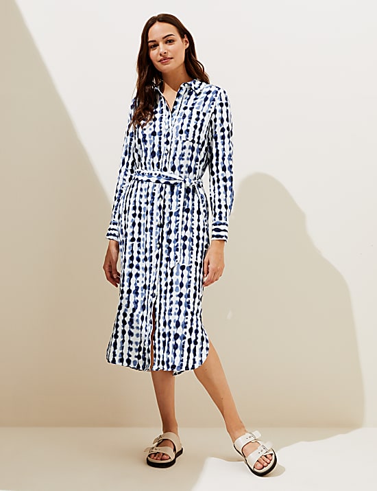 Linen Rich Printed Belted Midi Shirt Dress