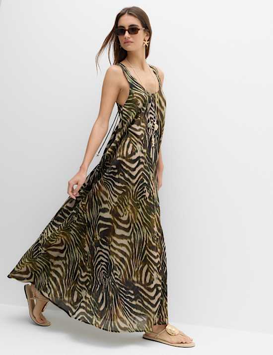 Robe de plage longue 100 % coton imprim&eacute; &agrave; d&eacute;collet&eacute; rond