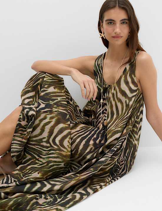 Robe de plage longue 100 % coton imprim&eacute; &agrave; d&eacute;collet&eacute; rond