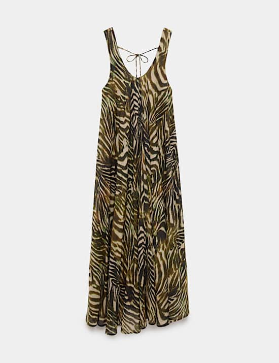 Robe de plage longue 100 % coton imprim&eacute; &agrave; d&eacute;collet&eacute; rond