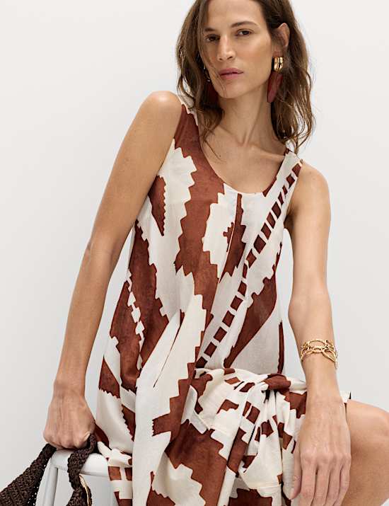 Pure Cotton Printed Scoop Neck Maxi Beach Dress