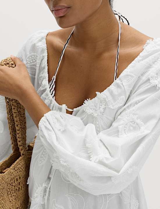 Strukturiertes Midi-Strandkleid aus reiner Baumwolle