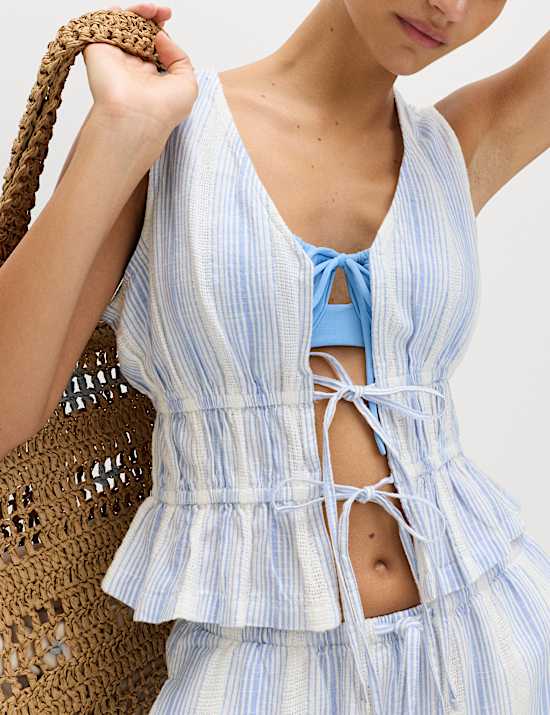 Pure Cotton Striped Tie Front Beach Top