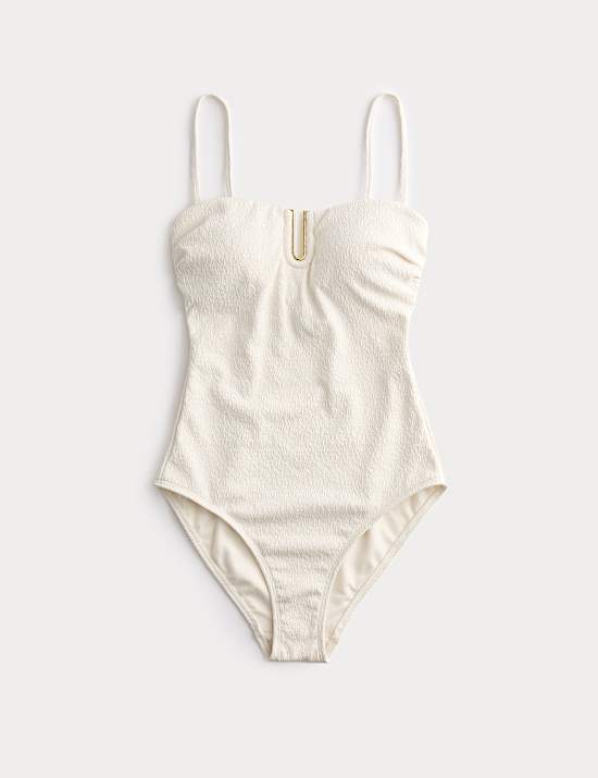 Maillot de bain bandeau textur&eacute; &agrave; d&eacute;collet&eacute; crant&eacute; en U