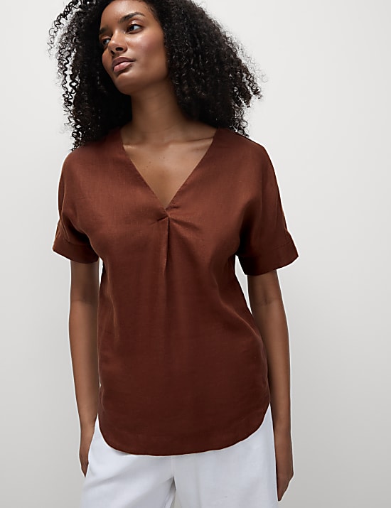Pure Linen V-Neck Relaxed Popover Blouse