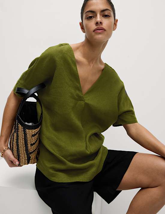 Pure Linen V-Neck Relaxed Popover Blouse