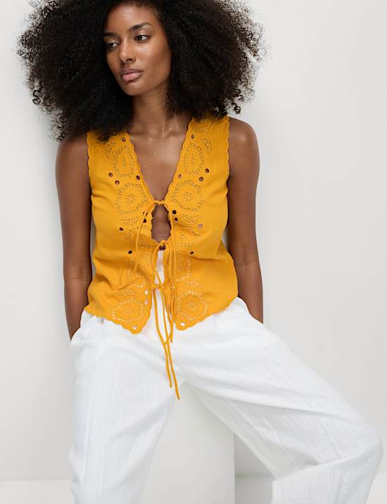 Linen Rich Cutwork Detail Top