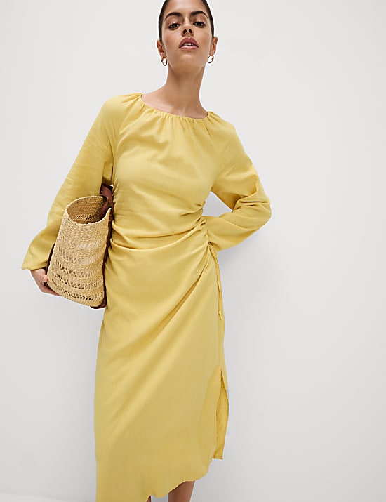 Linen Rich Side Detail Midi Shift Dress