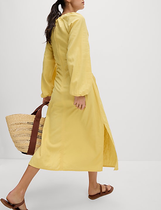 Linen Rich Side Detail Midi Shift Dress