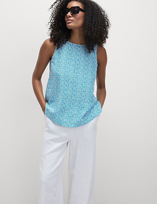 Linen Blend Geometric Vest Top