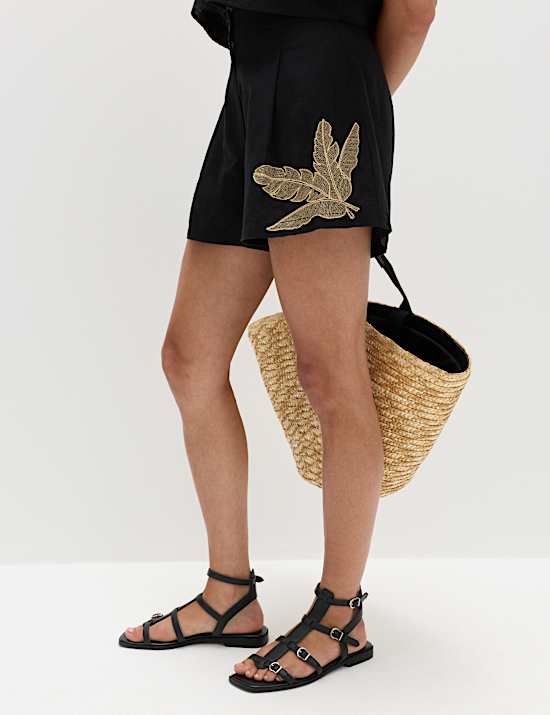Short de plage en coton brod&eacute; palmier