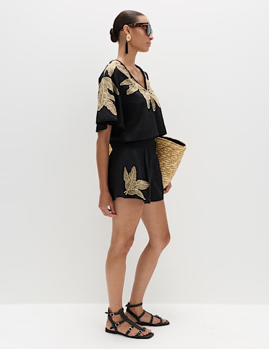 Short de plage en coton brod&eacute; palmier