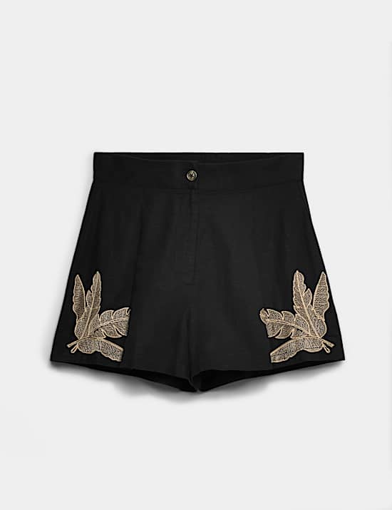 Short de plage en coton brod&eacute; palmier