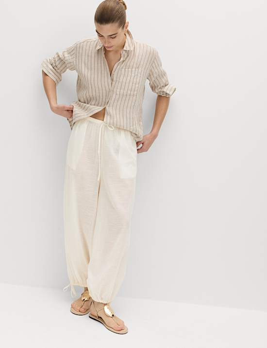 Pantalon de plage 100 % coton &agrave; ourlet bouffant