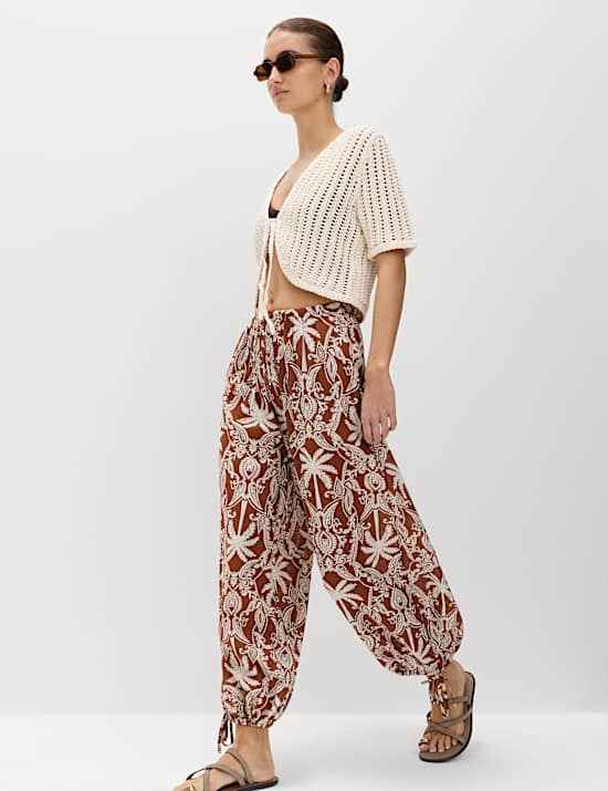 Pantalon de plage imprim&eacute; 100 % coton &agrave; ourlet bouffant