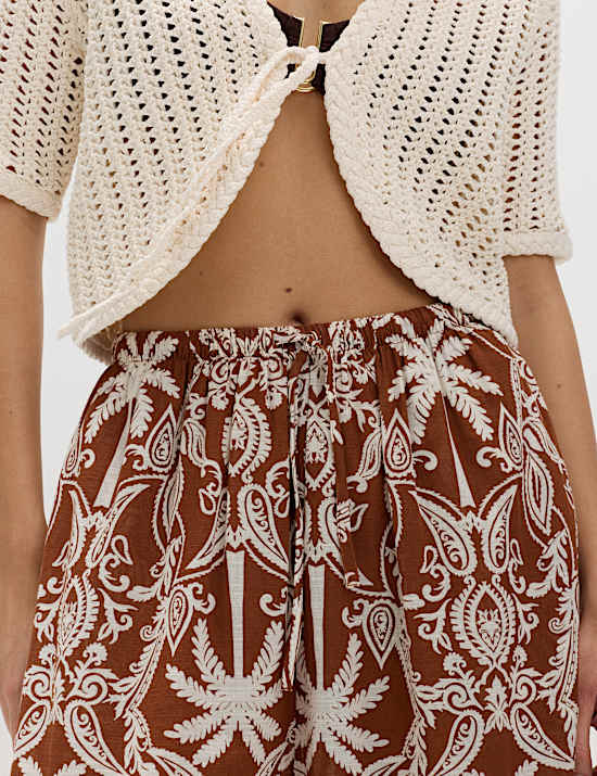 Pantalon de plage imprim&eacute; 100 % coton &agrave; ourlet bouffant